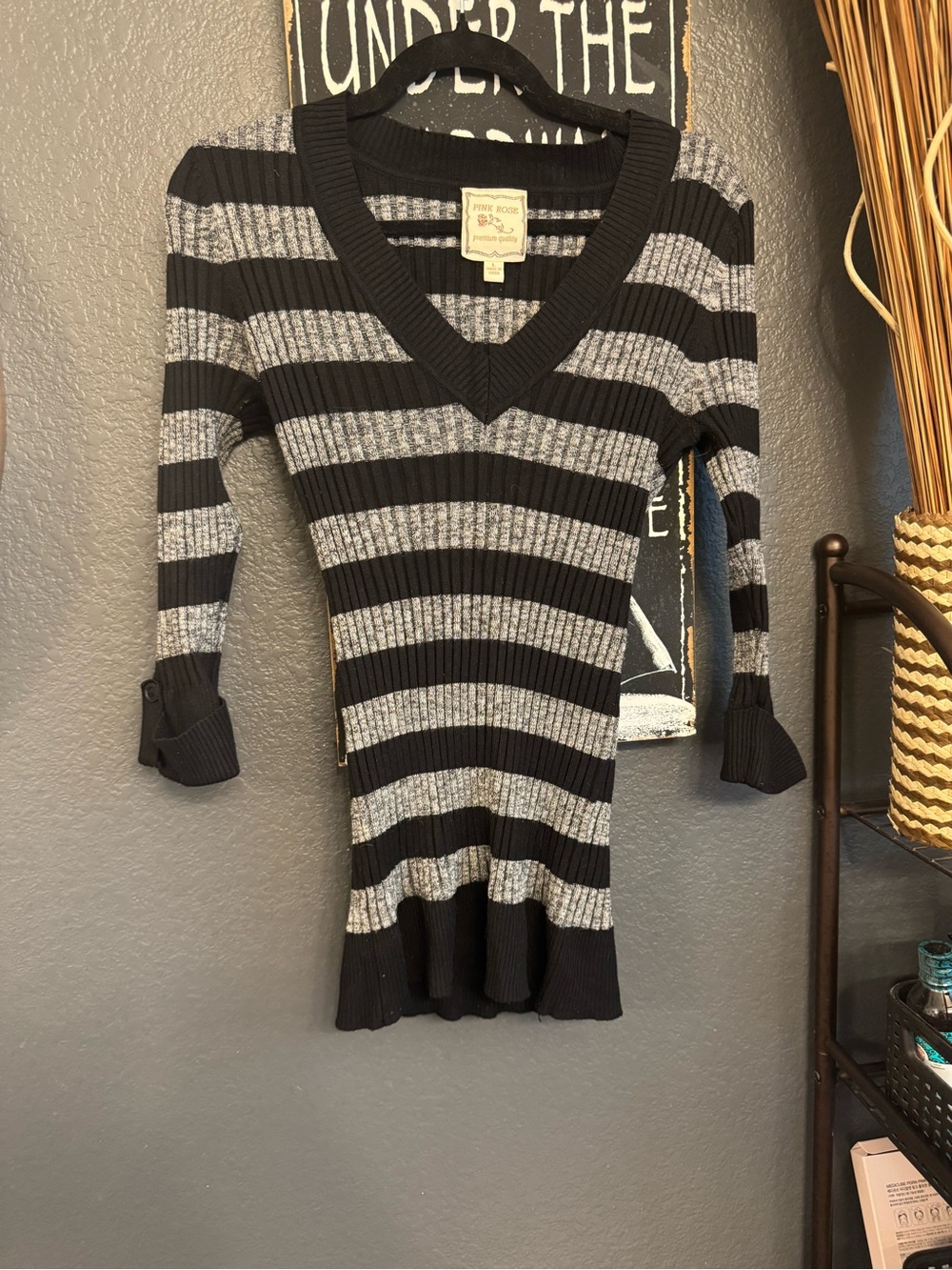 Women’s Black & Gray Striped V-Neck Sweater. Large